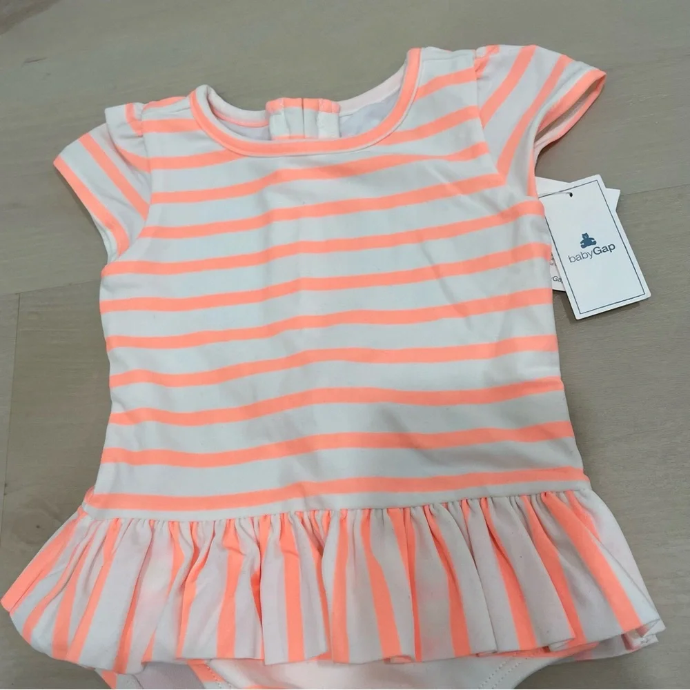 NWT Baby Gap Girl's 0-6 Month Stripe Peplum Swim Suit 0ne Piece Ruffle Orange